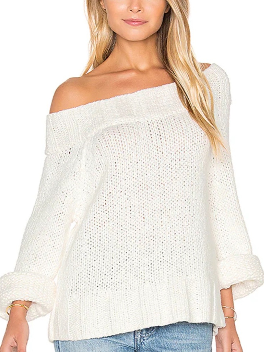 ·Free People· White Beachy Slouch Off the Shoulder Chunky Knit Sweater